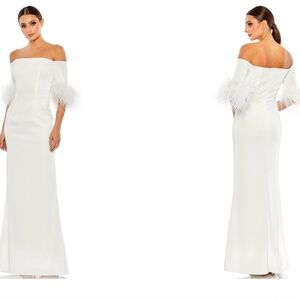 MAC DUGGAL 11441 WHITE FEATHER TRIM OFF THE SHOULDER COLUMN GOWN sz 8